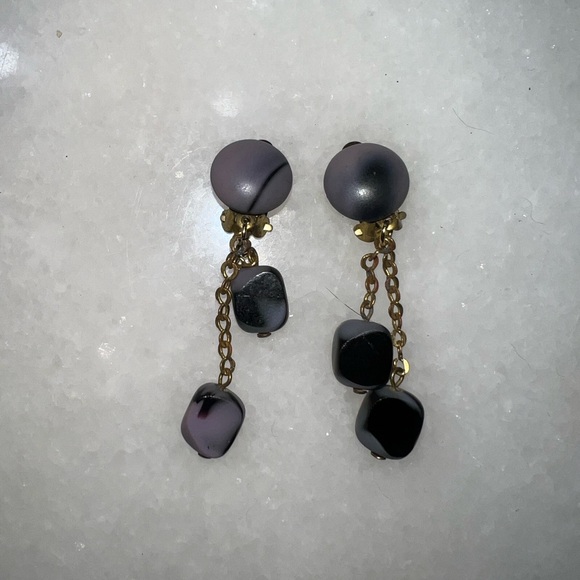 Vintage Austria Signed Purple Marbled Polished Stone Dangle Clip on Earrings - Picture 5 of 6